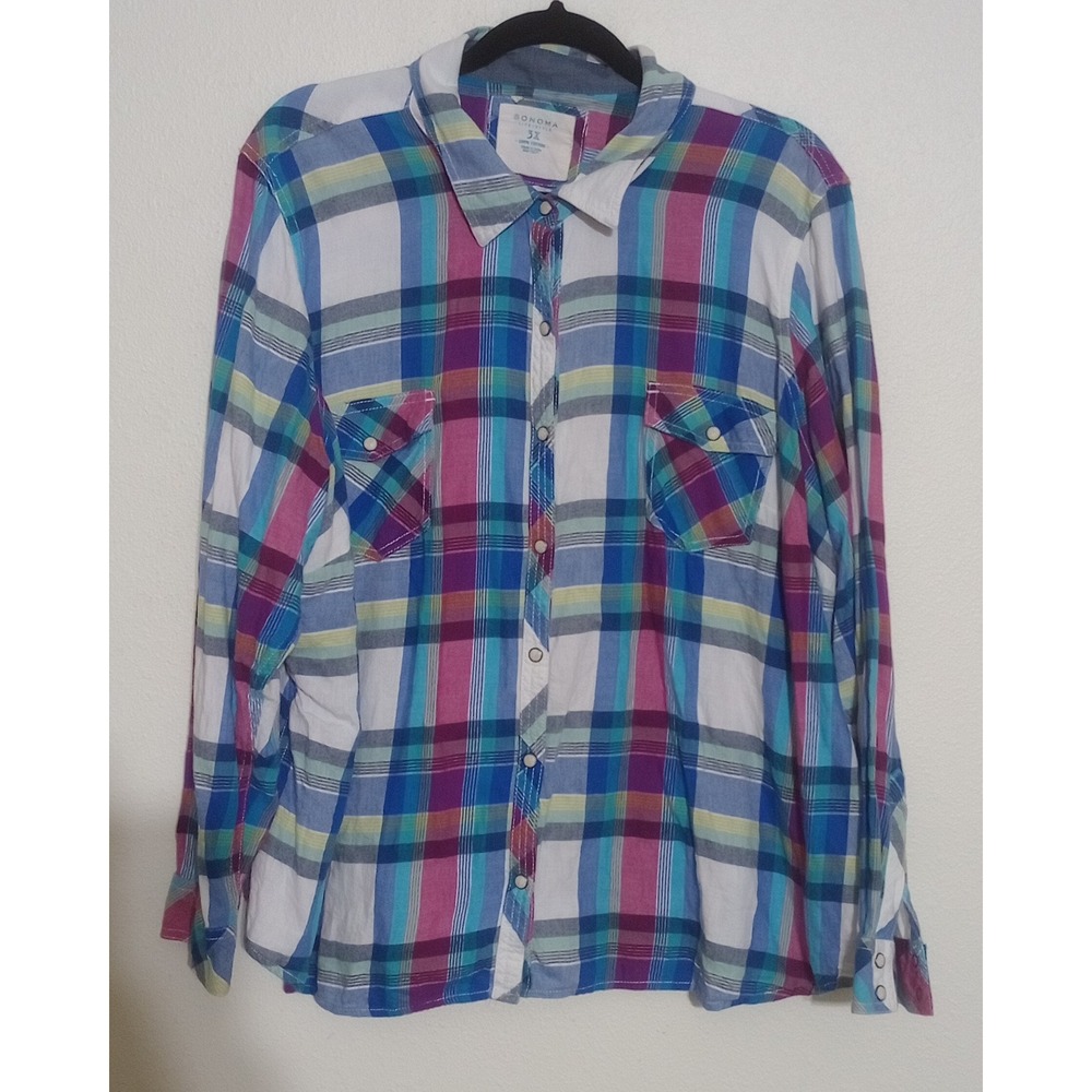 Sonoma Goods for Life Women 3X Plaid Pearl Snap Shirt Multi-Color 100% Cotton